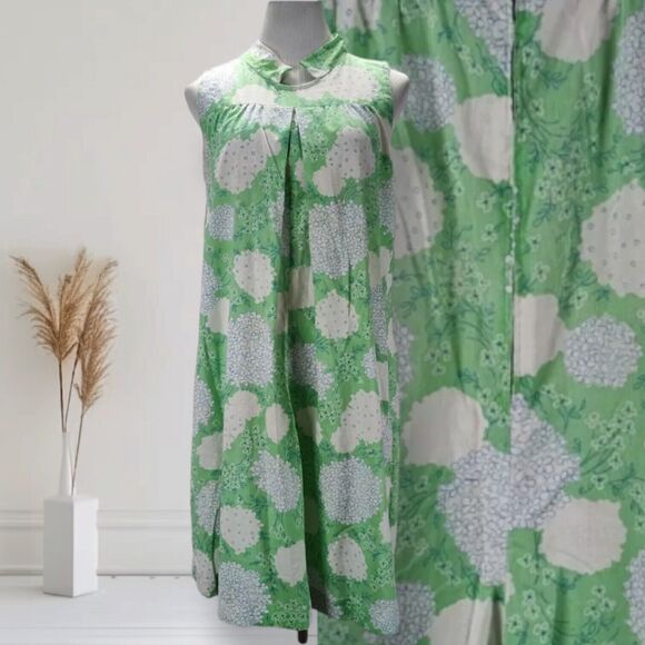 True Vintage Dresses & Skirts - Vintage 60s Floral Print Tent Shift Dress Size L Green Cotton Casual Pleat Front